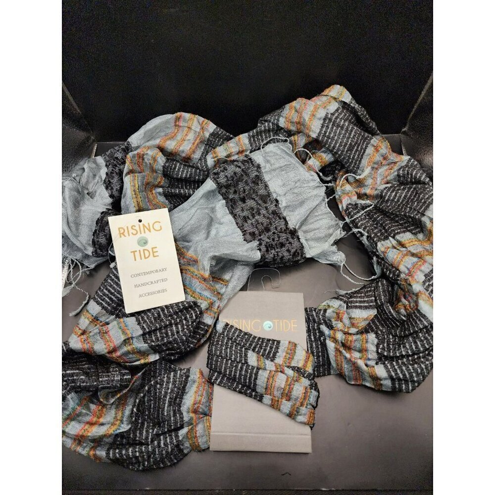 Rising Tide Silk Rayon Scarf Gray Multicolor Open Knit Fringed Hem Made in India